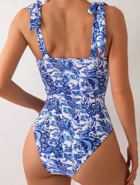 New Women's Swimwear One Piece Monokini Swimsuit Backless Tummy Control High Waist Slim Vacation Beach Wear Floral V Wire Sleeveless Bathing Suits Women One-Pieces