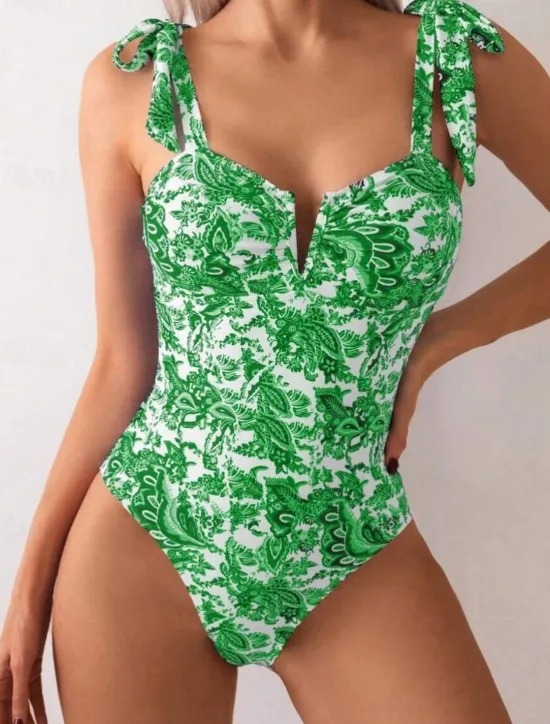 New Women's Swimwear One Piece Monokini Swimsuit Backless Tummy Control High Waist Slim Vacation Beach Wear Floral V Wire Sleeveless Bathing Suits Women One-Pieces