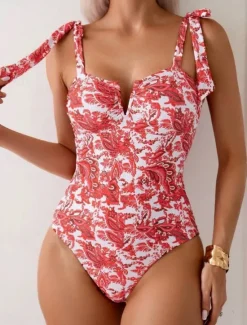 New Women's Swimwear One Piece Monokini Swimsuit Backless Tummy Control High Waist Slim Vacation Beach Wear Floral V Wire Sleeveless Bathing Suits Women One-Pieces