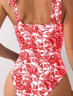 New Women's Swimwear One Piece Monokini Swimsuit Backless Tummy Control High Waist Slim Vacation Beach Wear Floral V Wire Sleeveless Bathing Suits Women One-Pieces