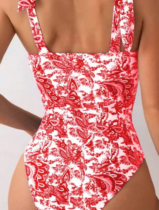 New Women's Swimwear One Piece Monokini Swimsuit Backless Tummy Control High Waist Slim Vacation Beach Wear Floral V Wire Sleeveless Bathing Suits Women One-Pieces