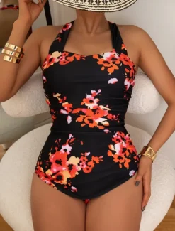 Hot Women's Swimwear One Piece Monokini Swimsuit Backless Tummy Control High Waist Slim Vacation Beach Wear Floral Halter Neck Sleeveless Bathing Suits Women One-Pieces