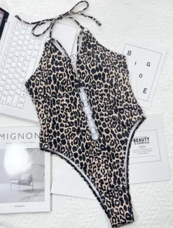 Discount Women's Swimwear One Piece Monokini Swimsuit Backless Tummy Control High Waist Slim Vacation Beach Wear Halter Neck Sleeveless Bathing Suits Women Leopard Swimwear