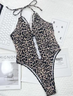 Discount Women's Swimwear One Piece Monokini Swimsuit Backless Tummy Control High Waist Slim Vacation Beach Wear Halter Neck Sleeveless Bathing Suits Women Leopard Swimwear