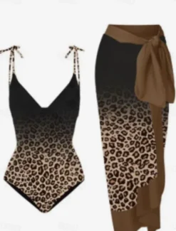 Best Women's Swimwear One Piece 2 Piece Skirt Swimsuit Backless Tummy Control High Waist Slim Vacation Beach Wear V Neck Sleeveless Bathing Suits Women One-Pieces|Leopard Swimwear