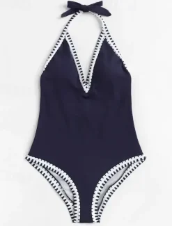 Outlet Women's Swimwear One Piece Monokini Swimsuit Backless Patchwork Tummy Control High Waist Slim Vacation Beach Wear Solid Color Halter Neck Sleeveless Bathing Suits Women One-Pieces