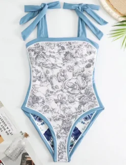 New Women's Swimwear One Piece Monokini Skirt Swimsuit Backless Tummy Control High Waist Slim Vacation Beach Wear Floral Halter Neck Sleeveless Bathing Suits Women One-Pieces