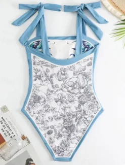New Women's Swimwear One Piece Monokini Skirt Swimsuit Backless Tummy Control High Waist Slim Vacation Beach Wear Floral Halter Neck Sleeveless Bathing Suits Women One-Pieces