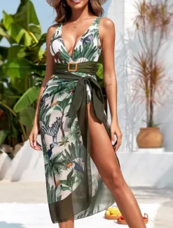 Best Women's Swimwear One Piece 2 Piece Monokini Swimsuit Backless Tummy Control High Waist Slim Vacation Beach Wear Leaves V Neck Sleeveless Bathing Suits Women One-Pieces