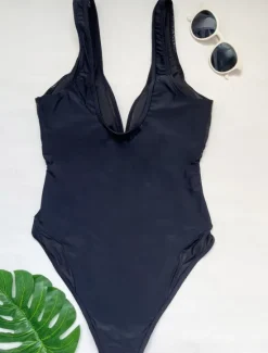 New Women's Swimwear One Piece Monokini Swimsuit Backless Tummy Control High Waist Slim Vacation Beach Wear Solid Color V Neck Sleeveless Bathing Suits Women One-Pieces