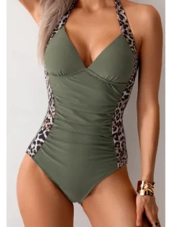 New Women's Swimwear One Piece Monokini Swimsuit Backless Tummy Control High Waist Slim Vacation Beach Wear Leopard Halter Neck Sleeveless Bathing Suits Women Leopard Swimwear|One-Pieces
