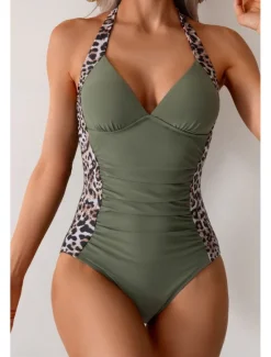 New Women's Swimwear One Piece Monokini Swimsuit Backless Tummy Control High Waist Slim Vacation Beach Wear Leopard Halter Neck Sleeveless Bathing Suits Women Leopard Swimwear|One-Pieces