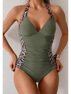 New Women's Swimwear One Piece Monokini Swimsuit Backless Tummy Control High Waist Slim Vacation Beach Wear Leopard Halter Neck Sleeveless Bathing Suits Women Leopard Swimwear|One-Pieces