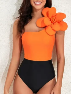Online Women's Swimwear One Piece Monokini Swimsuit Backless Tummy Control High Waist Slim 3D Floral Vacation Beach Wear Color Block Asymmetric Neck Sleeveless Bathing Suits Women One-Pieces