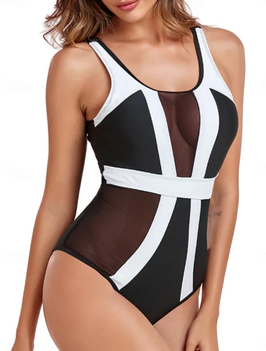 Discount Women's Swimwear One Piece Monokini Swimsuit Mesh Backless Tummy Control High Waist Slim Vacation Beach Wear Color Block U Neck Sleeveless Bathing Suits Women One-Pieces