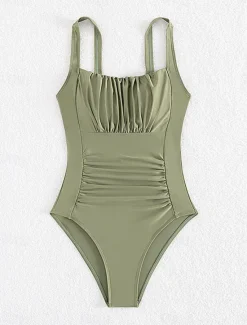 Women's Swimwear One Piece Monokini Swimsuit Backless Tummy Control High Waist Slim Vacation Beach Wear Solid Color Sleeveless Bathing Suits Women One-Pieces