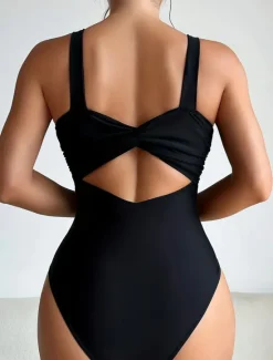 Online Women's Swimwear One Piece Monokini Swimsuit Backless Tummy Control High Waist Slim Vacation Beach Wear Solid Color V Neck Sleeveless Bathing Suits Women One-Pieces