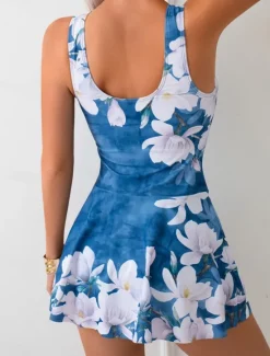 Women's Swimwear One Piece Swim Dress Swimsuit Backless Tummy Control High Waist Slim Vacation Beach Wear Floral U Neck Sleeveless Bathing Suits Women Swimdresses