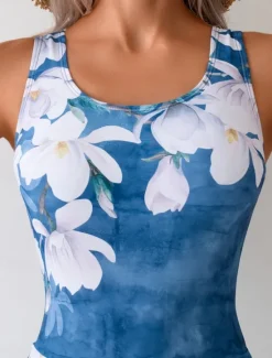Women's Swimwear One Piece Swim Dress Swimsuit Backless Tummy Control High Waist Slim Vacation Beach Wear Floral U Neck Sleeveless Bathing Suits Women Swimdresses