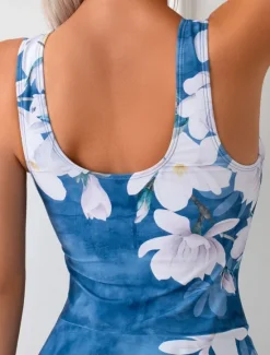 Women's Swimwear One Piece Swim Dress Swimsuit Backless Tummy Control High Waist Slim Vacation Beach Wear Floral U Neck Sleeveless Bathing Suits Women Swimdresses