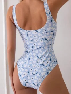 Best Women's Swimwear One Piece Monokini Swimsuit Backless Tummy Control High Waist Slim Vacation Beach Wear Floral U Neck Sleeveless Bathing Suits Women One-Pieces
