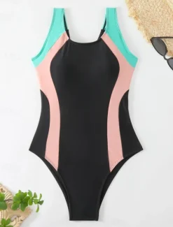 Best Women's Swimwear One Piece Monokini Swimsuit Backless Tummy Control High Waist Slim Vacation Beach Wear Color Block U Neck Sleeveless Bathing Suits Women One-Pieces