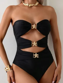 Clearance Women's Swimwear One Piece Monokini Swimsuit Backless Tummy Control High Waist Vacation Beach Wear Solid Color Strapless Sleeveless Bathing Suits Women One-Pieces