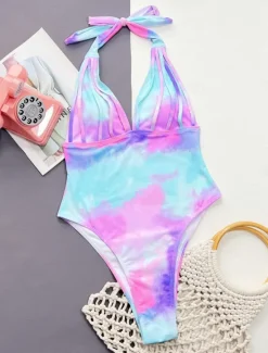 Outlet Women's Swimwear One Piece Monokini Swimsuit Backless Tummy Control High Waist Slim Vacation Beach Wear Tie Dye Halter Neck Sleeveless Bathing Suits Women One-Pieces|Colorful Swimwear