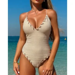 Women's Swimwear One Piece Monokini Swimsuit Backless Tummy Control High Waist Slim Vacation Beach Wear Solid Color V Neck Sleeveless Bathing Suits Women One-Pieces