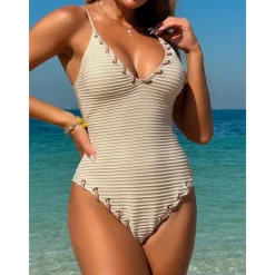 Women's Swimwear One Piece Monokini Swimsuit Backless Tummy Control High Waist Slim Vacation Beach Wear Solid Color V Neck Sleeveless Bathing Suits Women One-Pieces