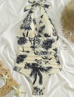 Hot Women's Swimwear One Piece Swimsuit Backless Patchwork Elegant Tropical Floral Graphic Halter Neck Sleeveless Bathing Suits Women One-Pieces