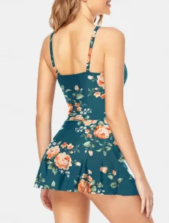 New Women's Swimwear One Piece Monokini Swim Dress Swimsuit Backless Tummy Control High Waist Slim Vacation Beach Wear Floral Halter Neck Sleeveless Bathing Suits Women Swimdresses