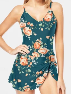 New Women's Swimwear One Piece Monokini Swim Dress Swimsuit Backless Tummy Control High Waist Slim Vacation Beach Wear Floral Halter Neck Sleeveless Bathing Suits Women Swimdresses