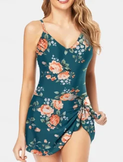 New Women's Swimwear One Piece Monokini Swim Dress Swimsuit Backless Tummy Control High Waist Slim Vacation Beach Wear Floral Halter Neck Sleeveless Bathing Suits Women Swimdresses