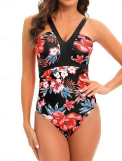Sale Women's Swimwear One Piece Swimsuit Backless Tummy Control High Waist Slim Vacation Beach Wear Graphic V Neck Sleeveless Bathing Suits Women One-Pieces