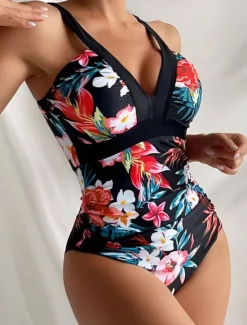 Sale Women's Swimwear One Piece Swimsuit Backless Tummy Control High Waist Slim Vacation Beach Wear Graphic V Neck Sleeveless Bathing Suits Women One-Pieces