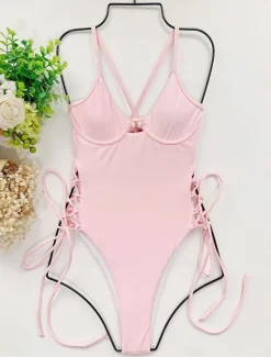 Outlet Women's Swimwear One Piece Swimsuit Backless Tummy Control High Waist Slim Vacation Beach Wear Solid Color V Neck Sleeveless Bathing Suits Women One-Pieces