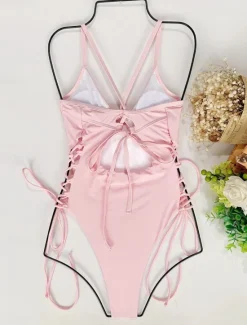 Outlet Women's Swimwear One Piece Swimsuit Backless Tummy Control High Waist Slim Vacation Beach Wear Solid Color V Neck Sleeveless Bathing Suits Women One-Pieces