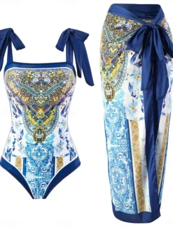 Hot Women's Swimwear One Piece 2 Piece Skirt Swimsuit Backless Tummy Control High Waist Slim Vacation Beach Wear Floral Scoop Neck Sleeveless Bathing Suits Women One-Pieces