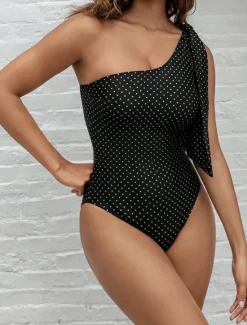 Online Women's Swimwear One Piece Swimsuit Backless Tummy Control High Waist Slim Vacation Beach Wear Polka Dot Asymmetric Neck Sleeveless Bathing Suits Women One-Pieces