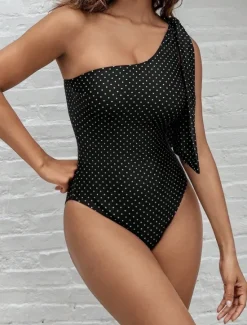 Online Women's Swimwear One Piece Swimsuit Backless Tummy Control High Waist Slim Vacation Beach Wear Polka Dot Asymmetric Neck Sleeveless Bathing Suits Women One-Pieces
