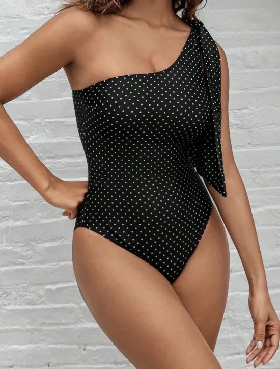 Online Women's Swimwear One Piece Swimsuit Backless Tummy Control High Waist Slim Vacation Beach Wear Polka Dot Asymmetric Neck Sleeveless Bathing Suits Women One-Pieces
