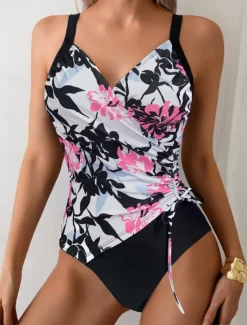 Hot Women's Swimwear One Piece Monokini Swimsuit Backless Tummy Control High Waist Slim Vacation Beach Wear Ombre Floral V Neck Sleeveless Bathing Suits Women One-Pieces