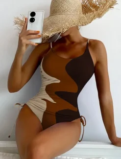 Sale Women's Swimwear One Piece Monokini Swimsuit Backless Tummy Control High Waist Slim Vacation Beach Wear Color Block U Neck Sleeveless Bathing Suits Women One-Pieces