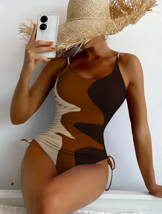 Sale Women's Swimwear One Piece Monokini Swimsuit Backless Tummy Control High Waist Slim Vacation Beach Wear Color Block U Neck Sleeveless Bathing Suits Women One-Pieces