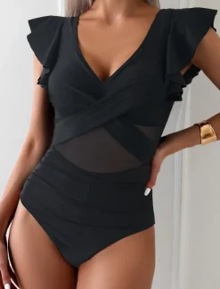 Hot Women's Swimwear One Piece Monokini Swimsuit Ruffle Backless Tummy Control High Waist Slim Vacation Beach Wear Solid Color V Neck Sleeveless Bathing Suits Women One-Pieces