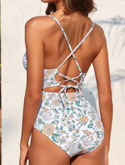 Best Women's Swimwear One Piece 2 Piece Monokini wrap Swimsuit Backless Tummy Control High Waist Slim Vacation Beach Wear Floral V Neck Sleeveless Bathing Suits Women One-Pieces|Spring Swimwear