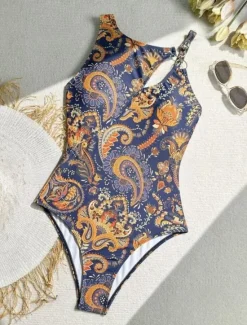 New Women's Swimwear One Piece Monokini Swimsuit Backless Tummy Control High Waist Slim Vacation Beach Wear Paisley Halter Neck Sleeveless Bathing Suits Women One-Pieces