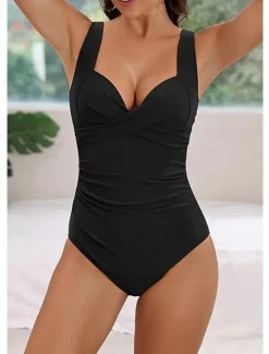 New Women's Swimwear One Piece Monokini Swimsuit Backless Tummy Control High Waist Vacation Beach Wear Solid Color V Neck Sleeveless Bathing Suits Women One-Pieces