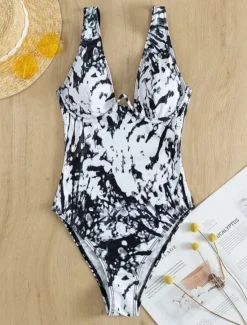 New Women's Swimwear One Piece Monokini Swimsuit Backless Tummy Control High Waist Slim Vacation Beach Wear Graphic V Neck Sleeveless Bathing Suits Women One-Pieces